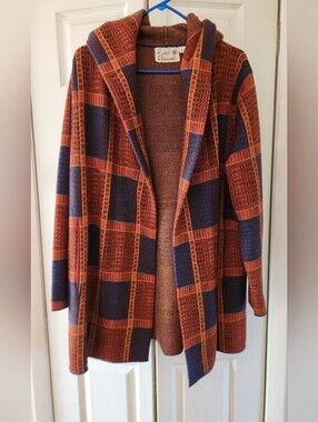 100% Wool Coat Hooded Open Cardigan Rust Navy Plaid Cape 1X